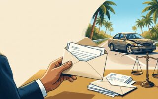 A damaged car and insurance envelope beside medical bills on a sunny Florida road.