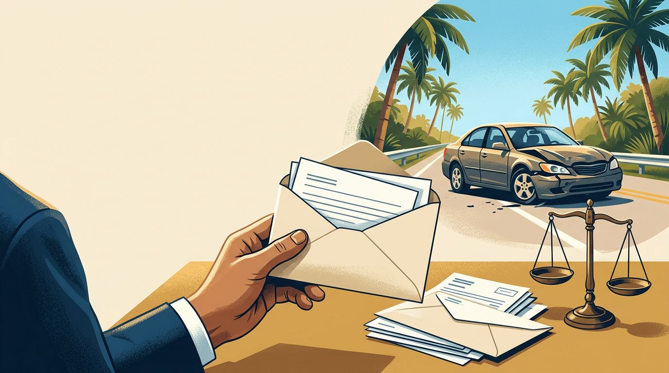 A damaged car and insurance envelope beside medical bills on a sunny Florida road.