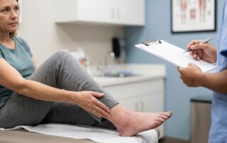 Patient supports a swollen hand while a doctor reviews medical records.