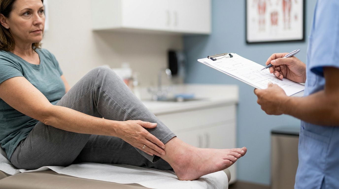 Patient supports a swollen hand while a doctor reviews medical records.