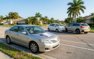 Parked sedan with keys and ownership papers near a lightly damaged car on a sunny Florida road.