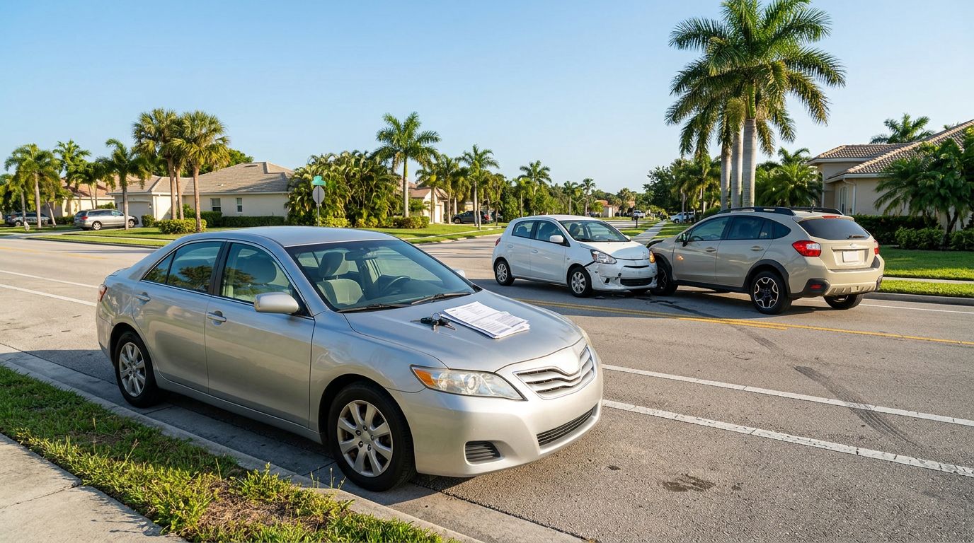 Parked sedan with keys and ownership papers near a lightly damaged car on a sunny Florida road.