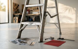 Broken aluminum ladder beside inspection photos and a blank red recall notice.