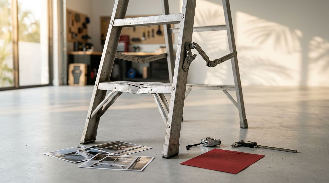 Broken aluminum ladder beside inspection photos and a blank red recall notice.