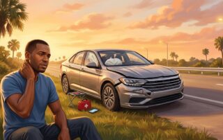 Driver with neck pain sits beside a damaged car on a Florida roadside.