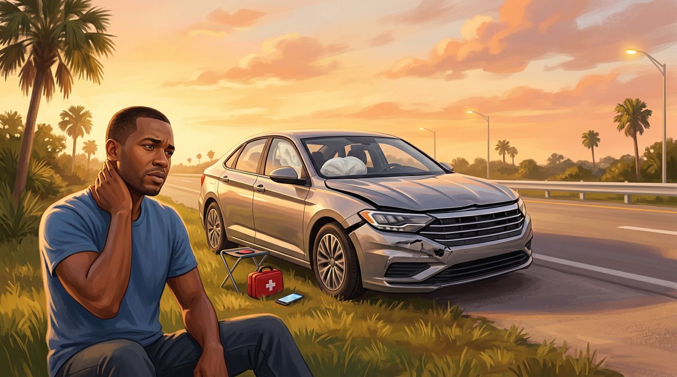 Driver with neck pain sits beside a damaged car on a Florida roadside.
