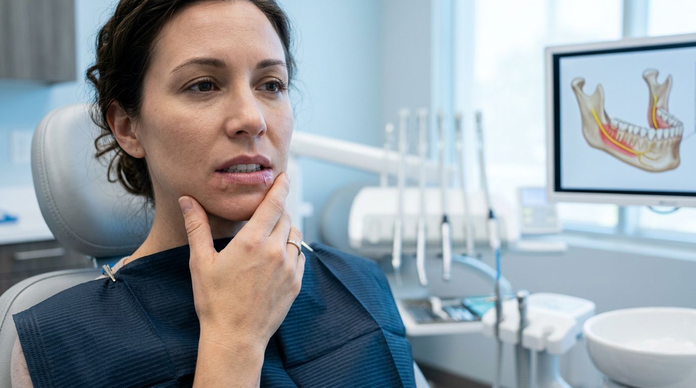 Patient touching a numb lower lip during a dental examination.