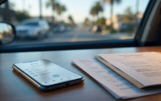 A smartphone and crash report sit beside a legal folder near a blurred traffic scene.