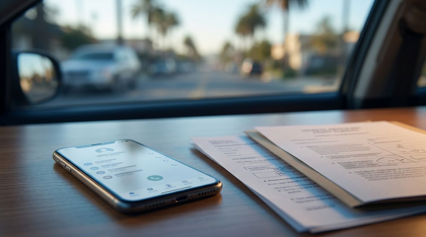 A smartphone and crash report sit beside a legal folder near a blurred traffic scene.