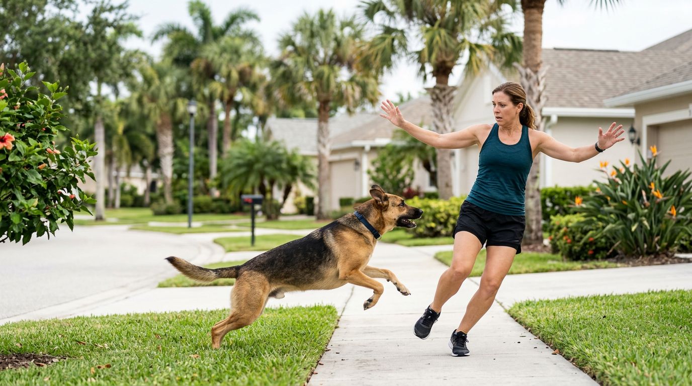An unleashed dog lunges at a jogger beside a Florida sidewalk.