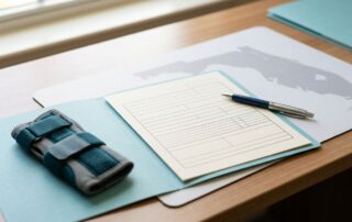 A blank claim form, pen, wrist brace, and Florida map on a tidy desk.