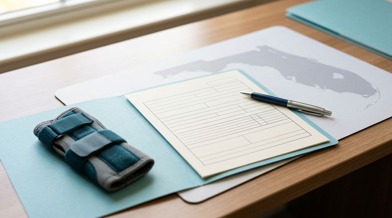 A blank claim form, pen, wrist brace, and Florida map on a tidy desk.
