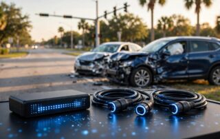An event data recorder and cables beside damaged cars at a Florida intersection.