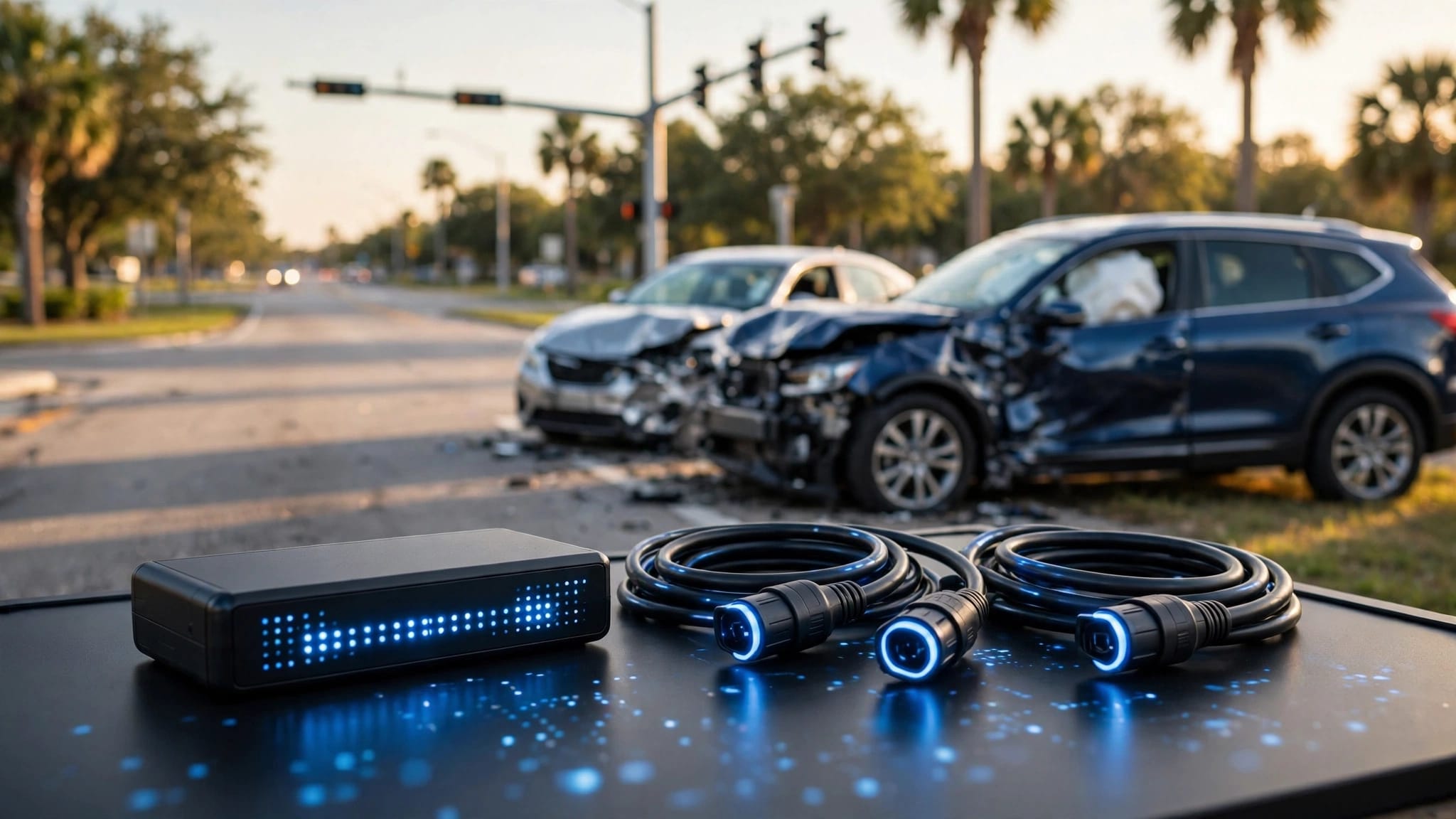 An event data recorder and cables beside damaged cars at a Florida intersection.