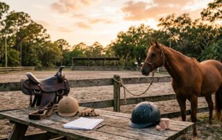 A trail horse stands by a fence while riding gear, a blank form, and a bandage sit on a table.