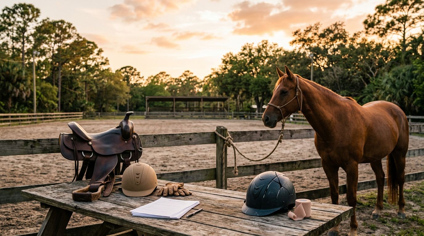 A trail horse stands by a fence while riding gear, a blank form, and a bandage sit on a table.