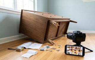 Toppled dresser with a broken leg, scattered hardware, receipt, and cameras recording the damage.