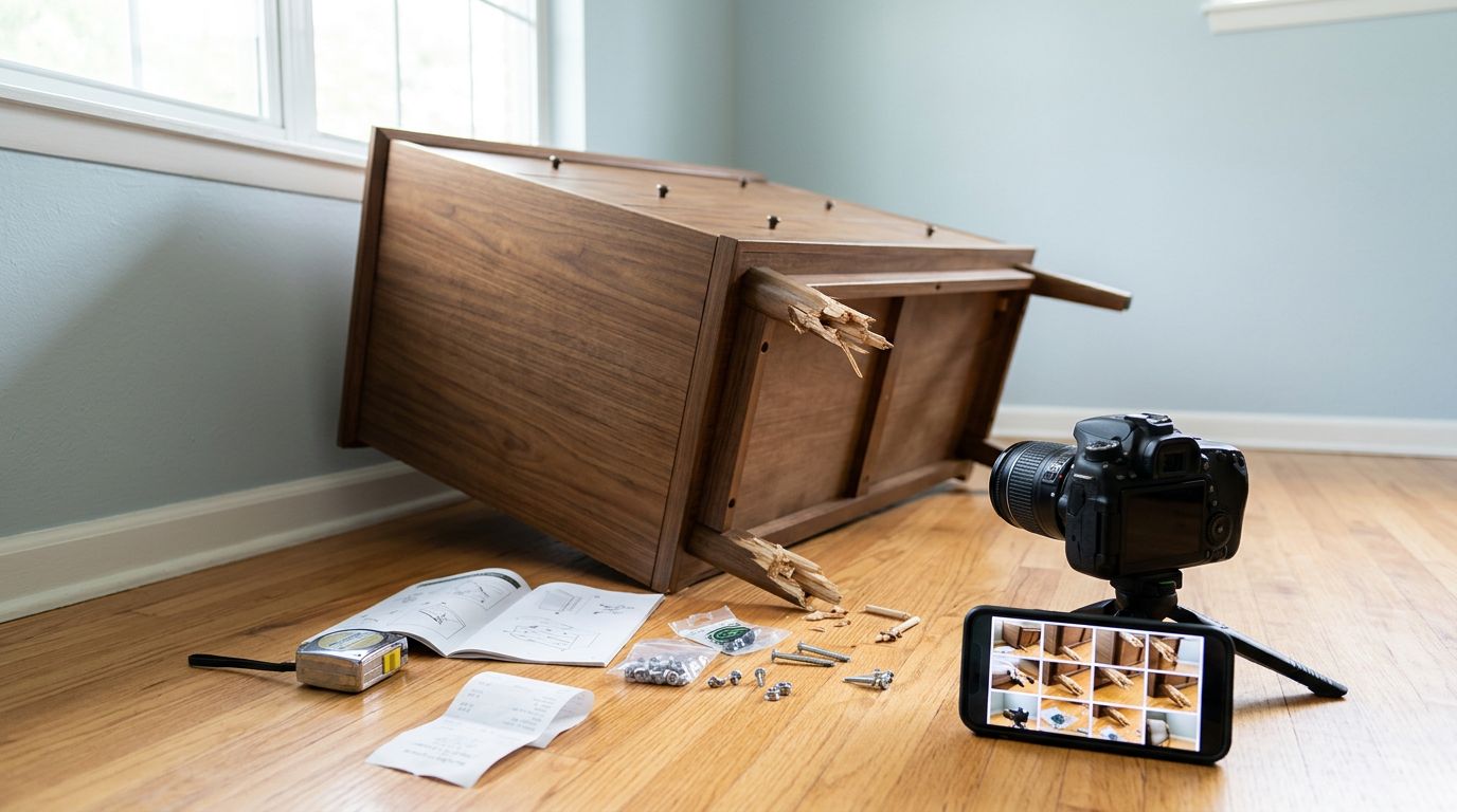 Toppled dresser with a broken leg, scattered hardware, receipt, and cameras recording the damage.