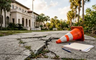 A damaged sidewalk with a fallen cone and legal folder outside a Florida civic building.