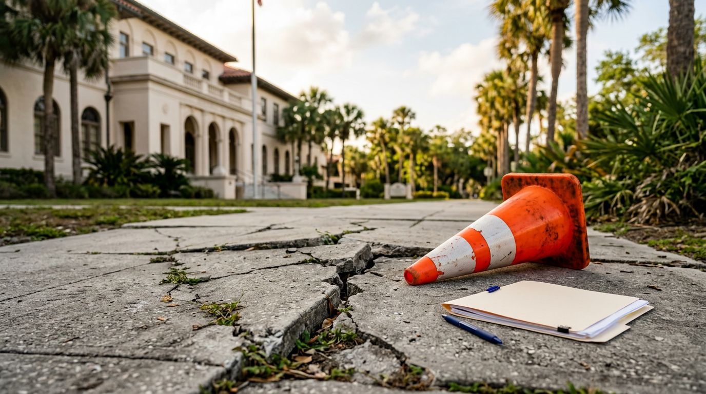 A damaged sidewalk with a fallen cone and legal folder outside a Florida civic building.