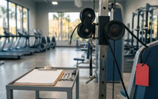 A worn gym machine sits beside a maintenance clipboard and repair tools.