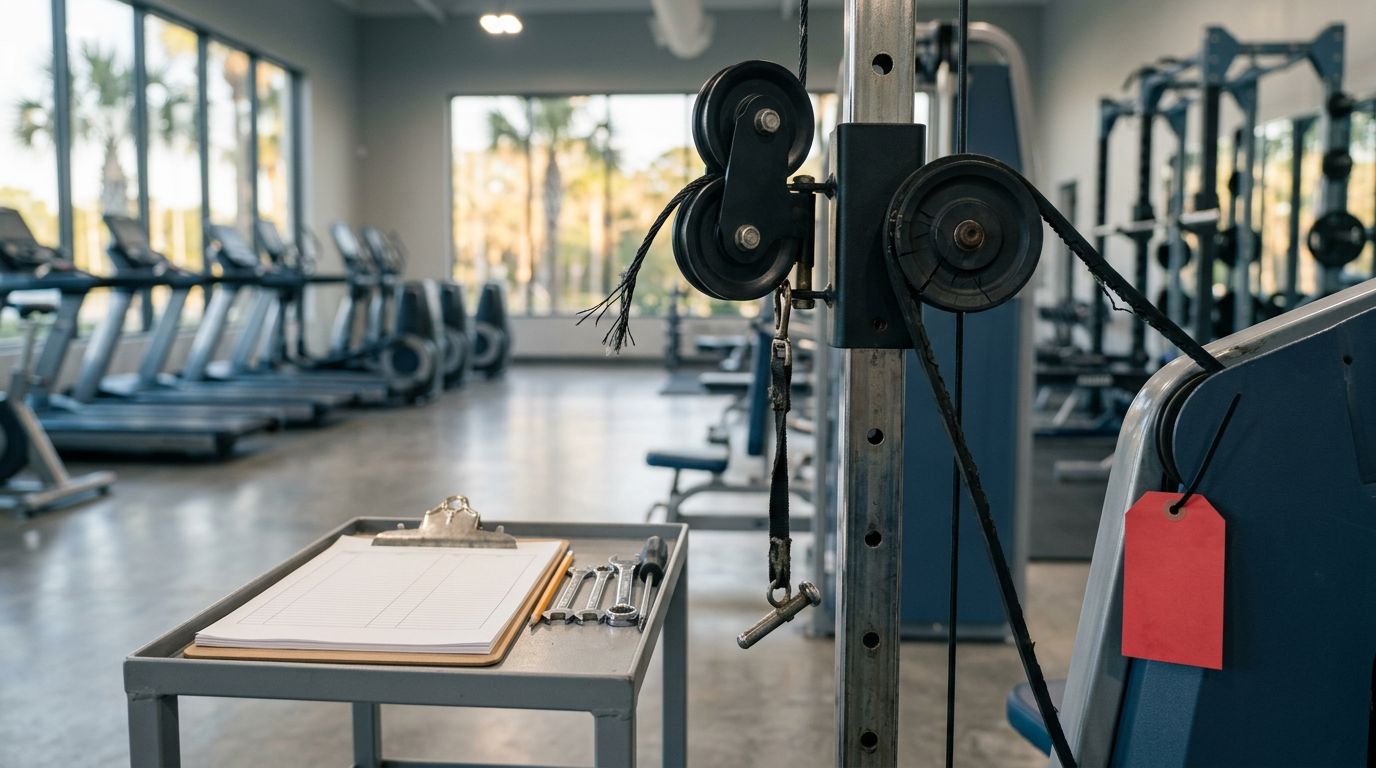 A worn gym machine sits beside a maintenance clipboard and repair tools.