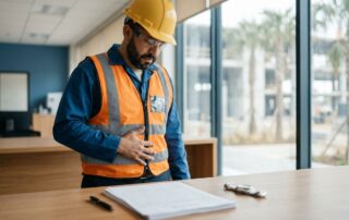Construction worker holding his abdomen beside a desk with a claim form and pen.