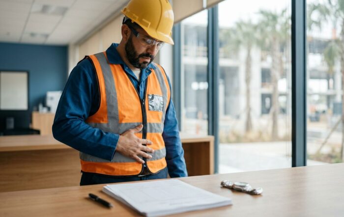 Construction worker holding his abdomen beside a desk with a claim form and pen.