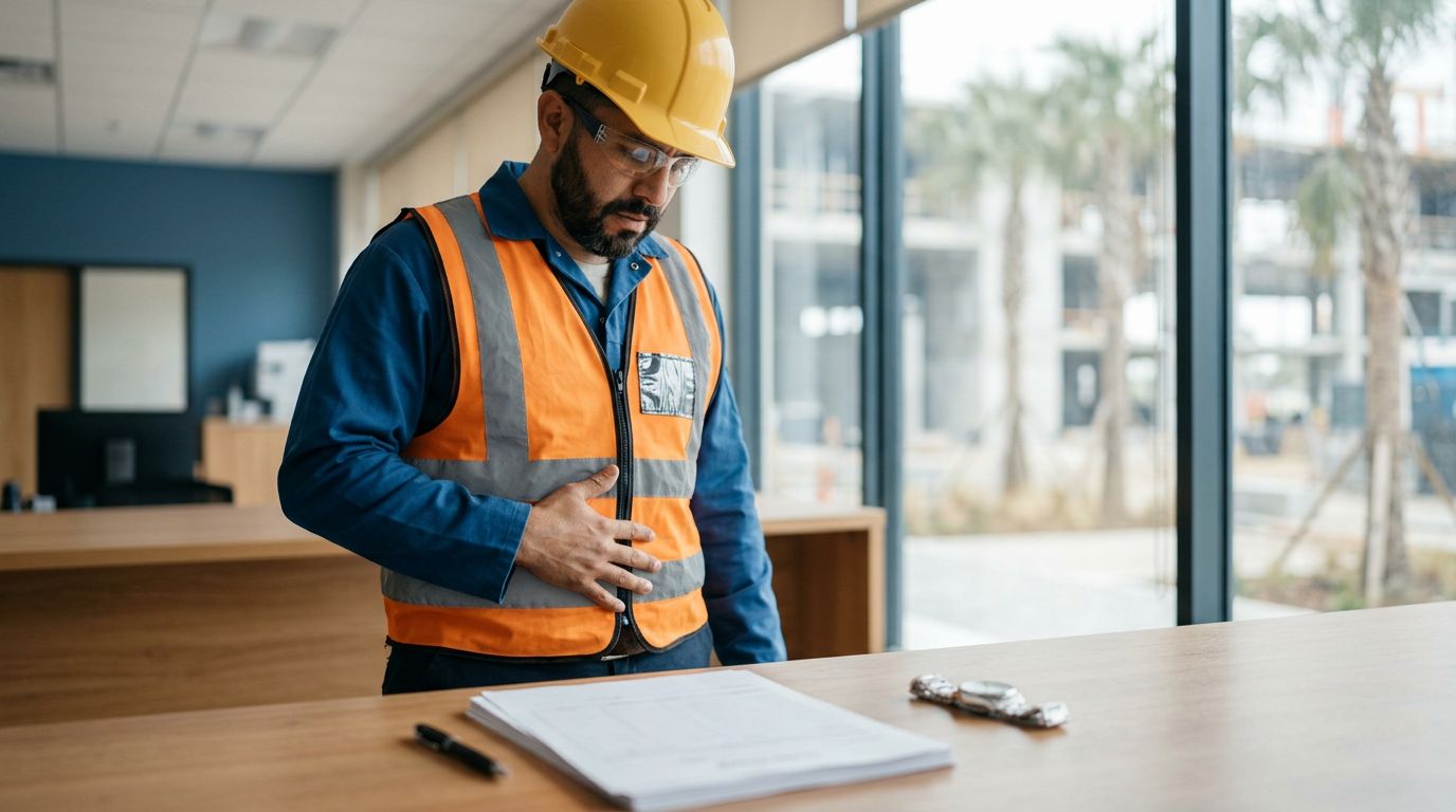 Construction worker holding his abdomen beside a desk with a claim form and pen.
