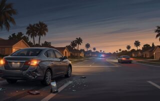 Damaged sedan at dusk with hazard lights, glass, and a phone recording the scene.