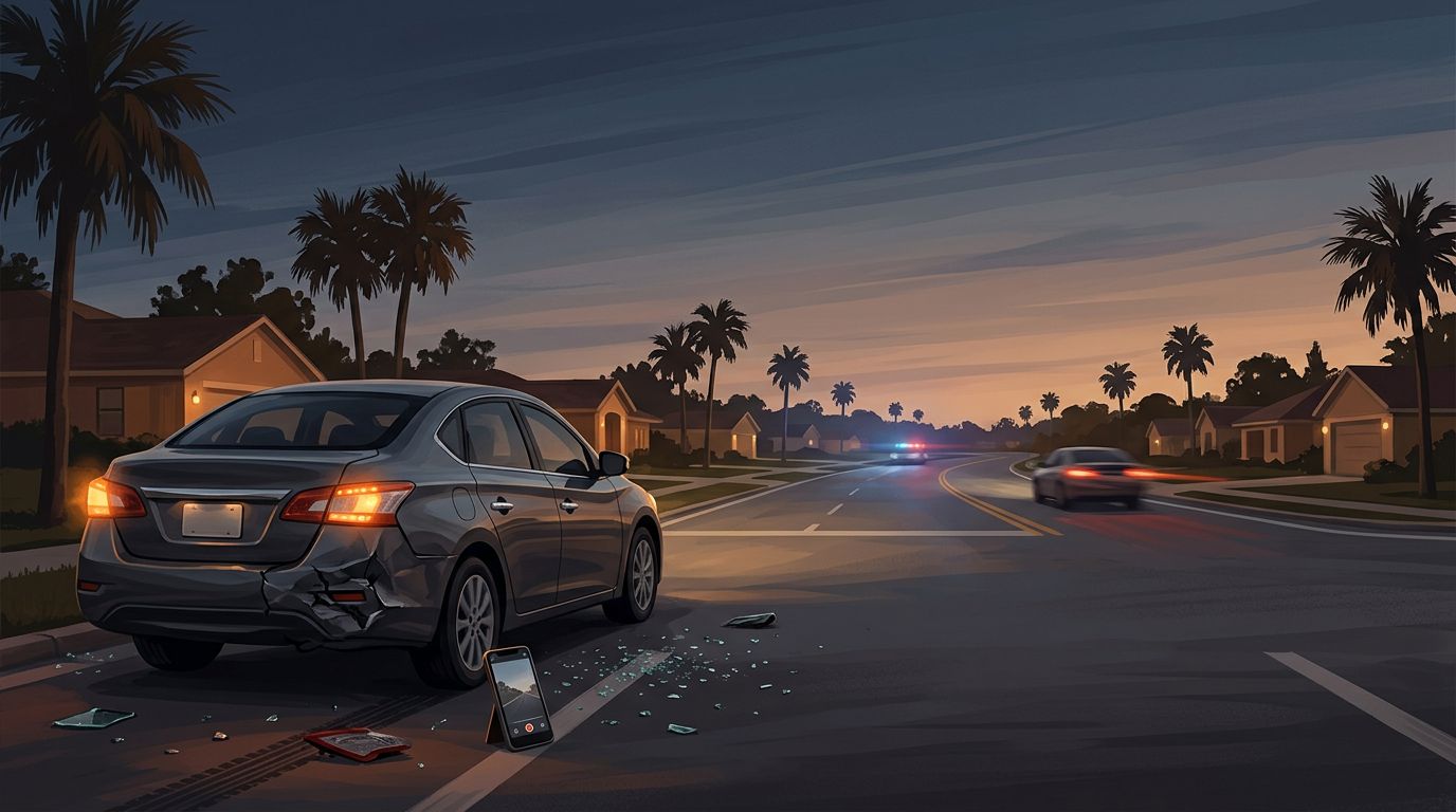 Damaged sedan at dusk with hazard lights, glass, and a phone recording the scene.