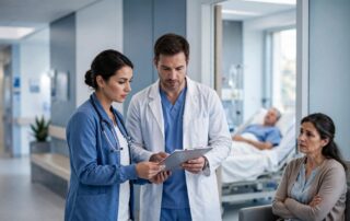 Clinicians exchange medical papers in a hospital corridor near a seated family member.