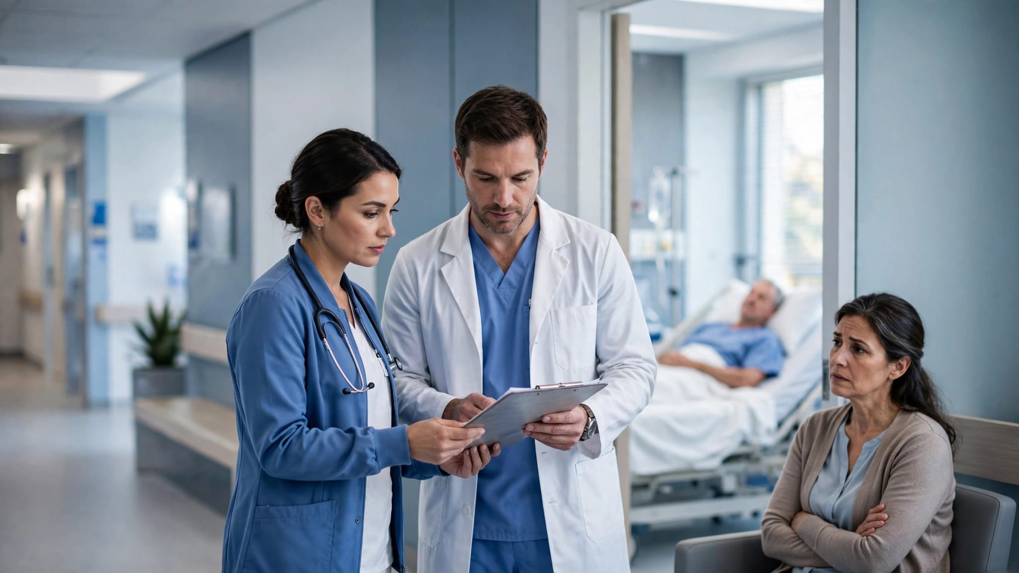 Clinicians exchange medical papers in a hospital corridor near a seated family member.