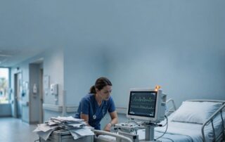 Nurse reviewing a patient monitor beside a hospital bed in a bright hospital corridor.