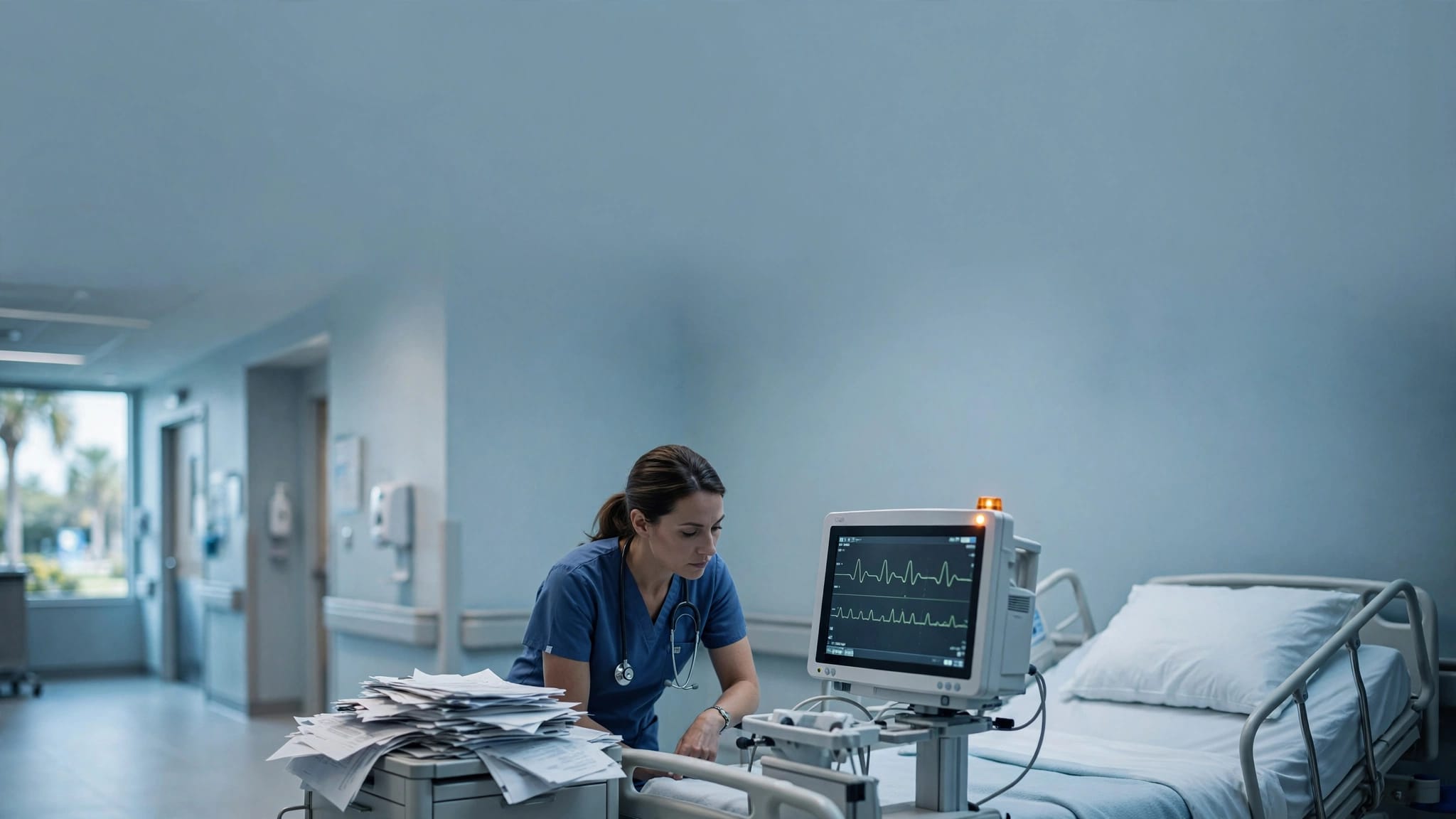 Nurse reviewing a patient monitor beside a hospital bed in a bright hospital corridor.