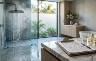 Misting showerhead and water records on a marble counter in a modern hotel bathroom.