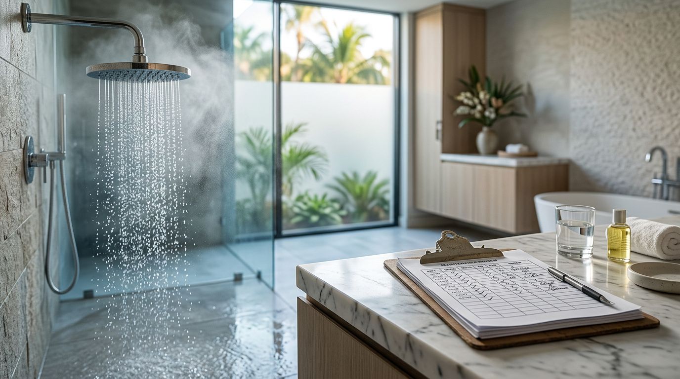 Misting showerhead and water records on a marble counter in a modern hotel bathroom.