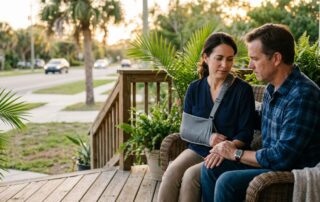 A couple sits on a sunny porch, with one wearing a shoulder brace as the other holds their hand.