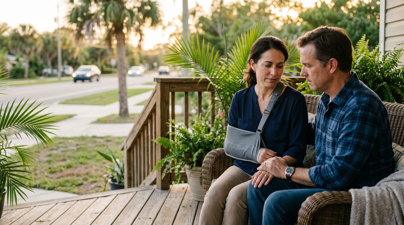 A couple sits on a sunny porch, with one wearing a shoulder brace as the other holds their hand.