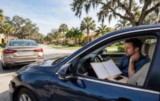 A driver holds their neck after a minor crash at a sunny Florida intersection.