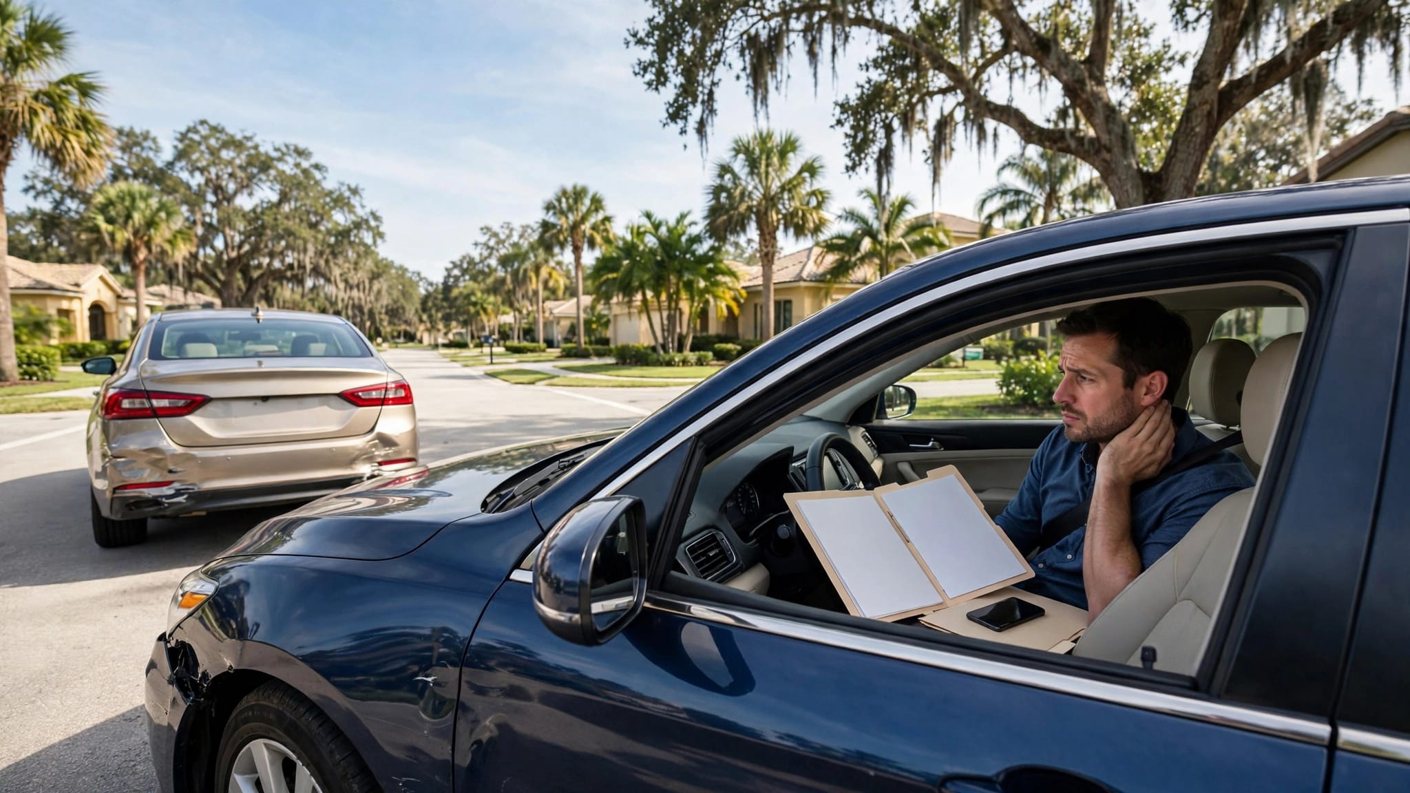 A driver holds their neck after a minor crash at a sunny Florida intersection.