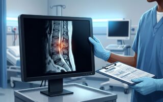 An MRI of the lower spine beside a gloved hand holding patient records.