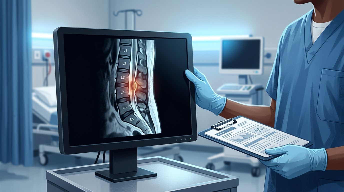 An MRI of the lower spine beside a gloved hand holding patient records.