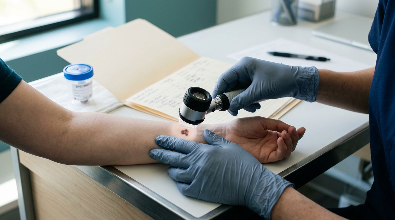 A gloved hand examines a dark mole beside a medical file and biopsy container.
