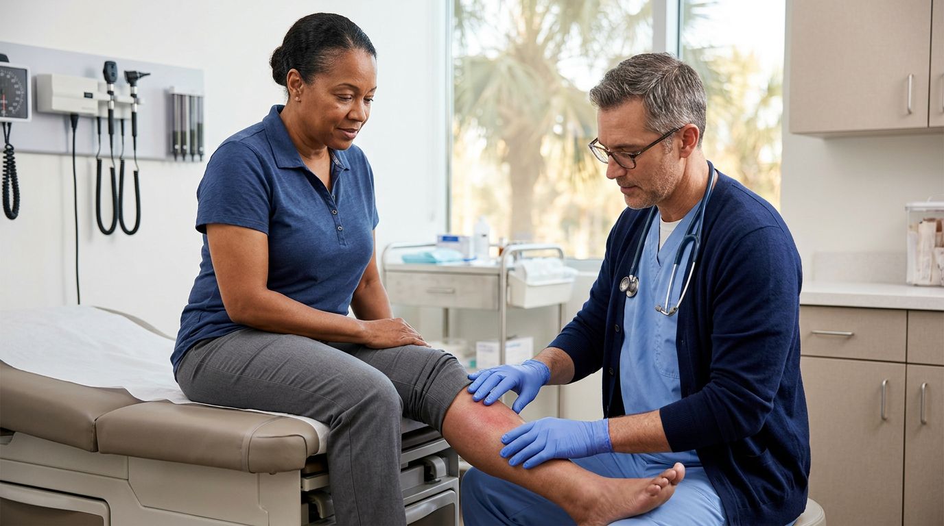 A doctor examines a patient’s swollen, reddened lower leg in a hospital room.