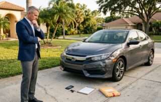 An attorney examines evidence beside a damaged sedan in a suburban driveway.