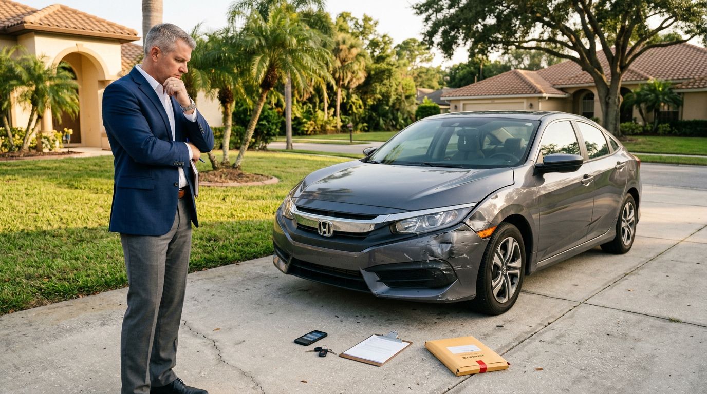 An attorney examines evidence beside a damaged sedan in a suburban driveway.
