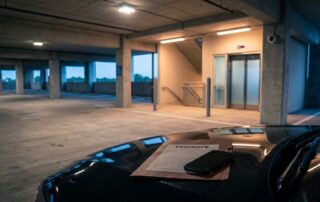 An empty parking garage with a security camera, elevator lobby, and legal evidence on a car hood.