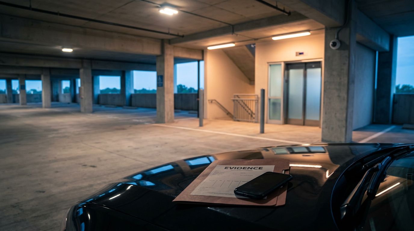 An empty parking garage with a security camera, elevator lobby, and legal evidence on a car hood.