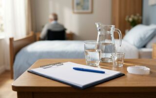 Bedside water, measuring cup, clipboard, and medical wristband in a care room.